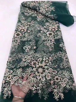 5 Ярдов Африканской Роскошной ткани из бисера, вышитой зеленой Тканью 2023, Высококачественная французская Кружевная Тюлевая ткань с блестками для пошива платья