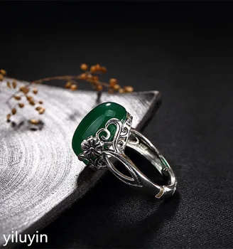KJJEAXCMY Бутик ювелирных изделий S925 стерлингового Серебра под Старину, инкрустированное зеленым халцедоном кольцо в виде цветка сливы, высококачественное женское открытое кольцо из стерлингового серебра