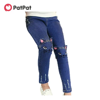 PatPat/ Лидер продаж, Повседневные джинсы для девочек, Детские Брюки с Рисунком милого кота, Детская джинсовая одежда Для девочек, Весенне-осенние Брюки