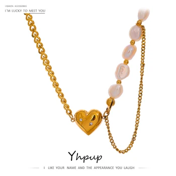 Yhpup Stainless Steel Heart Pendant Necklace Natural Pearl Chain Jewelry Romantic Temperament Choker Golden бижутерия для женщин