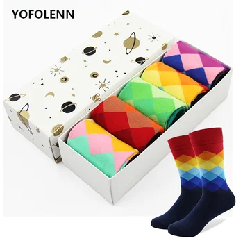 Бесплатная доставка, брендовые мужские забавные разноцветные носки из чесаного хлопка с ромбовидным рисунком, длинные носки для скейтборда Happy Socks для мужчин (без коробки)