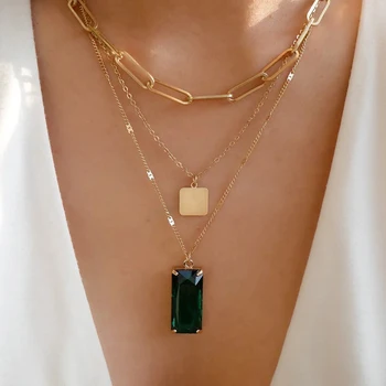 Винтажное многослойное квадратное ожерелье из нержавеющей стали Для женщин, Цветные Прямоугольные Ожерелья с подвесками из зеленого кристалла, Модные ювелирные изделия