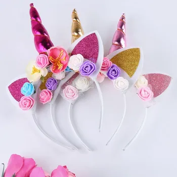 Волшебная модная повязка на голову с единорогом, сладкий цветок, повязка на голову с рогом единорога, день рождения, цветочные головные уборы для детей