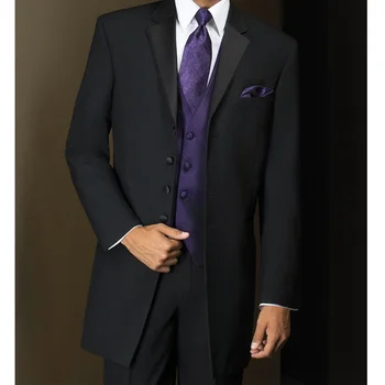 Длинные черные Смокинги для женихов, мужские костюмы из 3 предметов для выпускного вечера, мужской модный костюм, комплект, Куртка с брюками, фиолетовый жилет, Одежда с зубчатыми лацканами