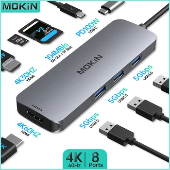 Док-станция MOKiN Dual 4K HDMI USB-C Hub: раскройте потенциал ноутбуков, MacBook, iPad M1/M2 - 3 x USB 3.0, SD/TF, PD