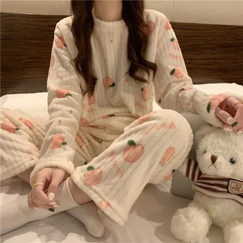 Женская зимняя теплая пижама-двойка из полиэстера, Удобная, приятная для кожи, Плотная, Чистая, Свободная пижама с круглым воротником