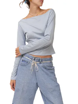 Женский модный укороченный топ Уличной одежды Y2K с длинным рукавом - Базовый облегающий топ для выхода в свет с модной стильной футболкой