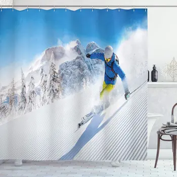 Зимняя занавеска для душа, Лыжник, катающийся под гору в высоких горах, Экстремальные зимние виды спорта, Хобби, Тканевая ванна