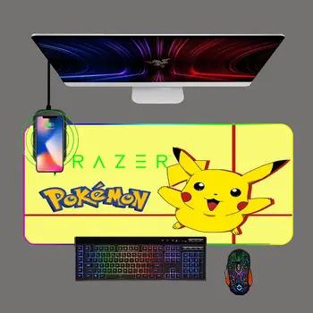 Игровой коврик для мыши RAZER Pikachu RGB для беспроводной зарядки телефона, люминесцентный коврик для клавиатуры ПК, игровой компьютер, коврик для мыши kawaii, ковер