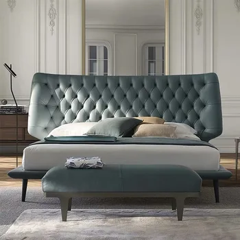 Итальянская минималистская светлая роскошная кровать главная спальня 1,8 м двуспальная свадебная кровать современная минималистская дизайнерская модель кожаной кровати