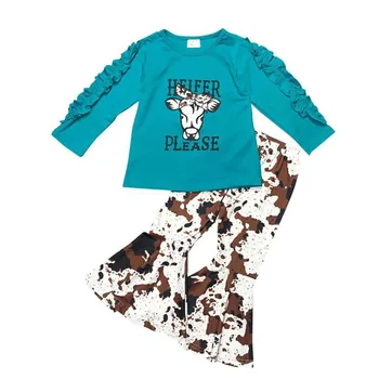 Комплект одежды для маленьких девочек, весенне-осенний топ с рисунком коровы и расклешенные брюки с завязками для малышей