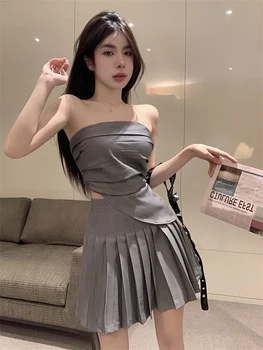 Корейский модный Нерегулярный короткий топ без бретелек + плиссированная мини-юбка с высокой талией, комплект из двух предметов для женщин, одинаковые комплекты одежды