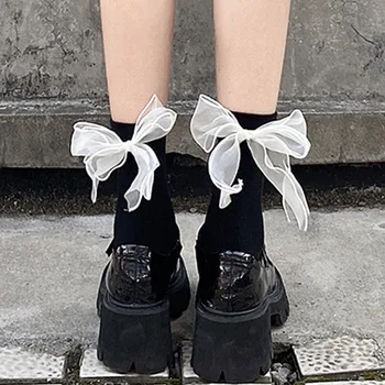 Летние тонкие бархатные носки в стиле Лолиты с кружевным бантом - 2 пары в комплекте