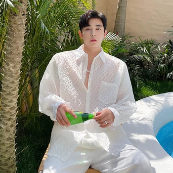 Летняя Новая мужская белая рубашка, ультратонкие дышащие корейские модные повседневные рубашки с длинными рукавами, Свободная праздничная рубашка на пуговицах