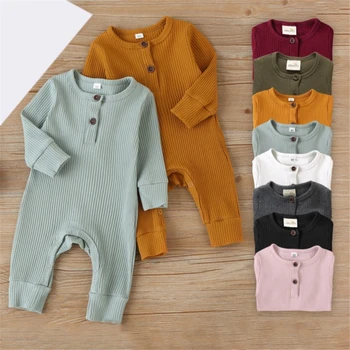 Летняя Одежда для новорожденных Унисекс, однотонный детский комбинезон, Хлопковый комбинезон с длинными рукавами для малышей, одежда для младенцев 3-18 месяцев