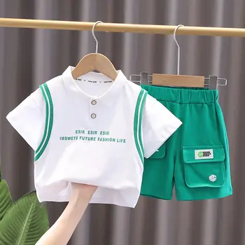 Новая Летняя одежда для малышей, футболка с короткими рукавами и буквами из мультфильмов для мальчиков, Штаны, модный комплект одежды для младенцев, спортивный костюм