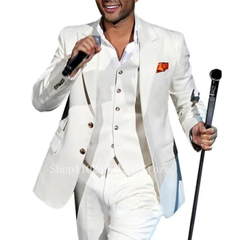 Новое поступление 2023, Белые Мужские костюмы Slim Fit, комплект из 3 предметов, Формальное Классическое Деловое Платье для свадебной вечеринки (блейзер + жилет + Брюки), Костюм Homme
