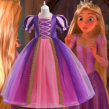 Новые платья Принцессы Рапунцель для девочек от Disney, Вечернее платье для маленькой девочки, Длинные волосы, Сетчатая одежда Принцессы с пышными рукавами
