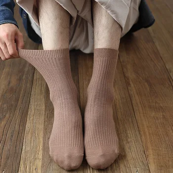 Осенние Однотонные мужские носки, Хлопчатобумажные Черные Носки, Повседневные Серые Хлопчатобумажные носки средней длины