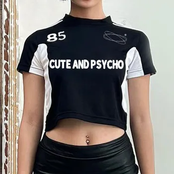 Пикантная Базовая футболка с контрастным буквенным Принтом для девочек, Приталенная Футболка в мотоциклетном Стиле, Персонализированный Универсальный Тонкий Вязаный Короткий Топ