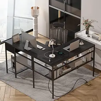 Письменный стол в форме розетки, Компьютерный стол с выдвижным ящиком, Реверсивный угловой письменный стол с сетчатой книжной полкой для хранения, Стол для домашнего офиса,