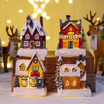 Рождественский настольный Микроландшафт, светодиодные украшения из светящейся смолы, Снежный дом, Рождественский подарок для детей, Украшение дома на Новый год 2024