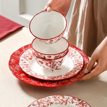 Свадебная посуда в китайском стиле, миски, тарелки, Домашние чаши счастья, Красные керамические чаши, новые свадебные предметы
