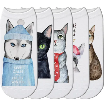 Японский тренд уличного хип-хоп искусства, пара хлопковых носков с низким содержанием хлопка, высококачественная печать, простой животный узор, милые носки с кошками Kawaii