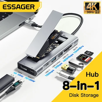Essager 8 в 1 USB-концентратор с функцией хранения дисков Type c на SATA SSD Корпус жесткого диска для ноутбука док-станция для Macbook Pro Air M1 M2