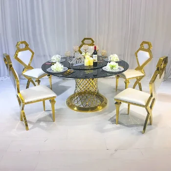 Высококачественный золотой металлический каркас из нержавеющей стали со стеклянной столешницей, вращающийся свадебный обеденный круглый стол