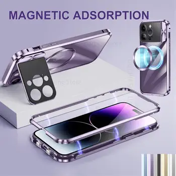 Для iPhone 15 14 13 Pro Max, металлический каркас для Magsafe, откидной чехол, подставка для объектива камеры, магнитный беспроводной Прозрачный чехол