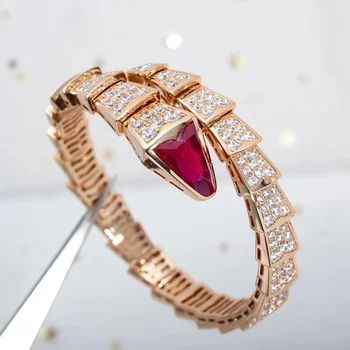 Классический эластичный браслет из Розового золота с Гранатом и Рубином в виде Змеиной головы, женский модный бренд, Банкетные украшения Высокого качества