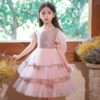 Летняя одежда для девочек, расшитые блестками Кружевные Сетчатые детские платья Принцессы, Бальное платье с большим бантом от 4 до 8 лет