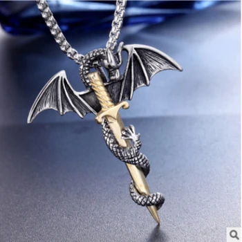 Мода доход Европейский и американский прилив мужчины рок личность птерозавр золотой меч хранитель ожерелье любовь дракона кулон